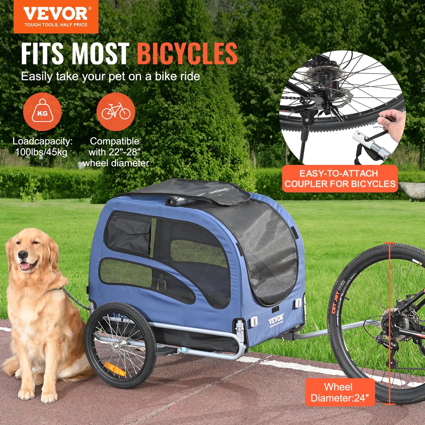 Pet Bicycle Trailer For Dogs With Coupler And Reflectors