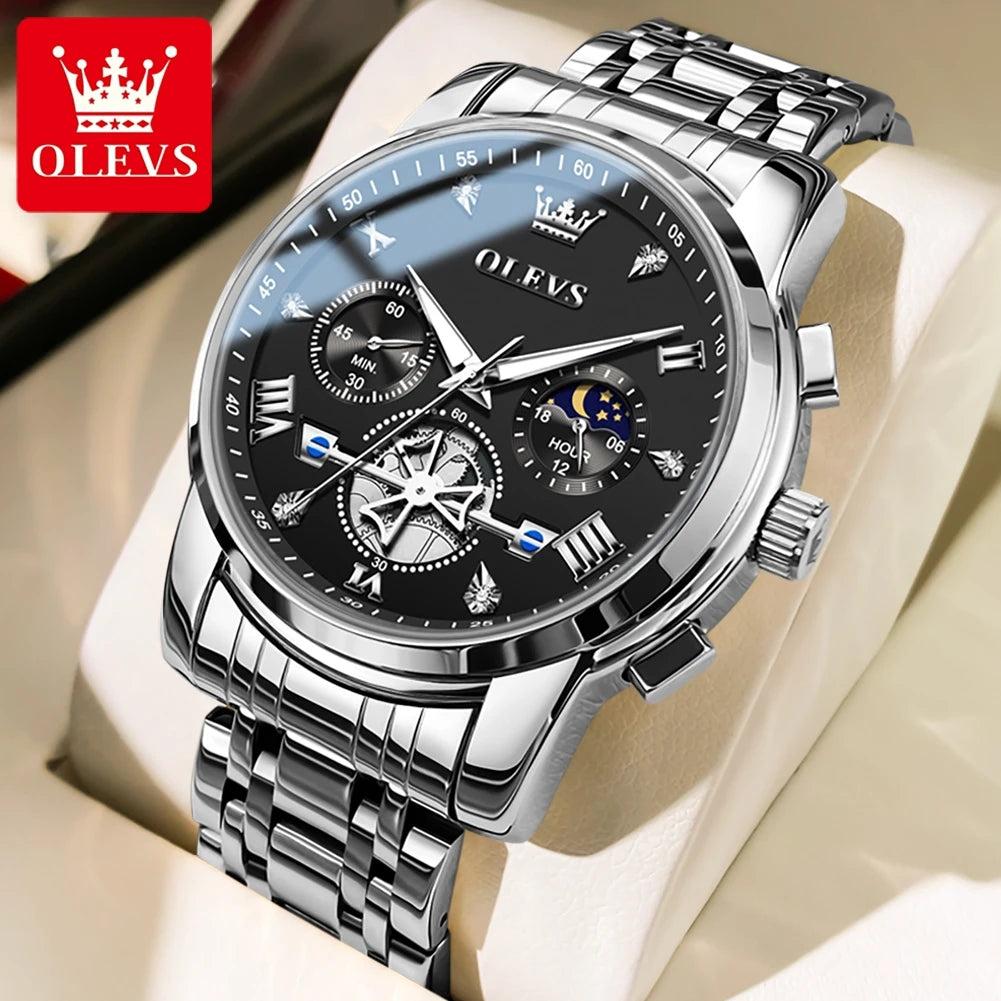 OLEVS Men's Flywheel Skeleton Chronograph Moon Phase Watch