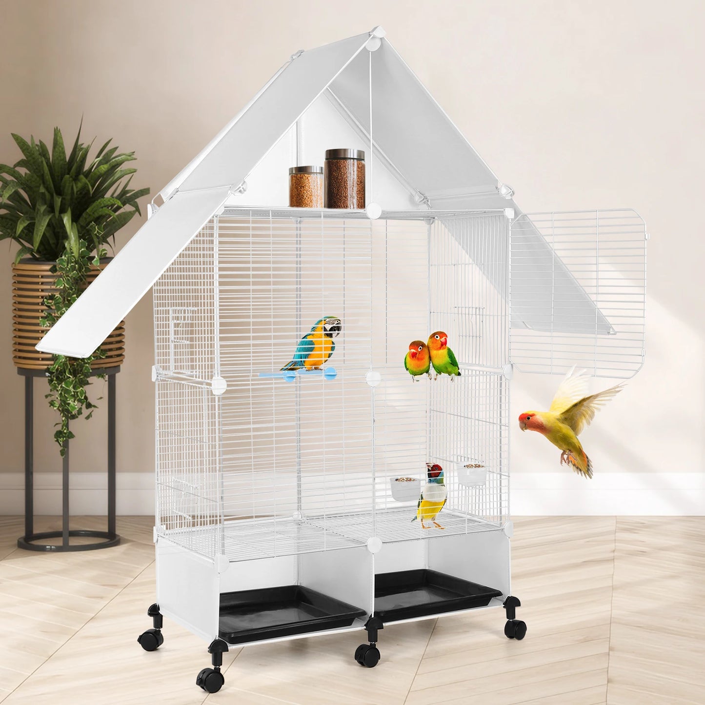 Two-Tier House Shape Iron Bird Cage With Rolling Stand