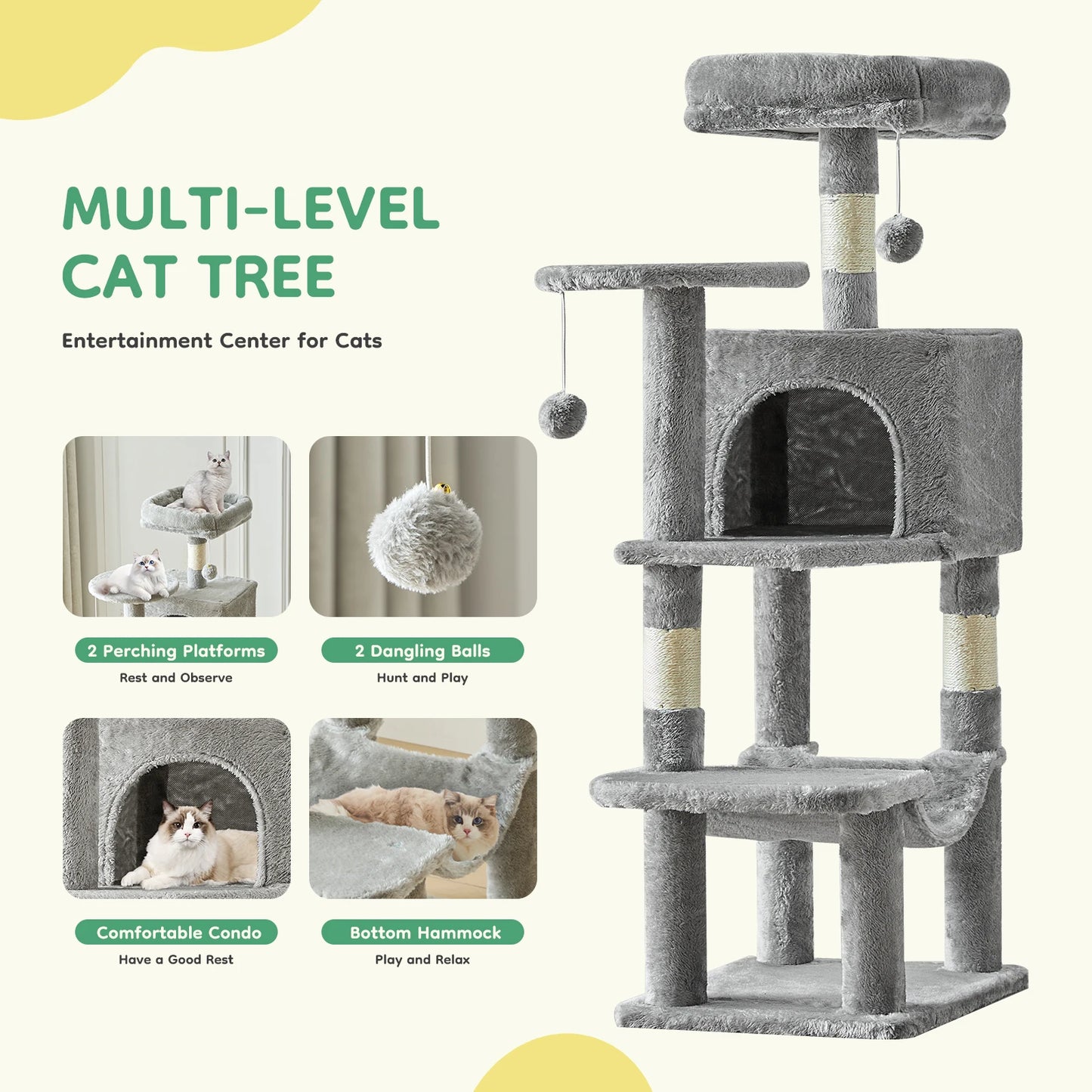 JHK Cat Tree Multi Cat Climbing Tower Sisal Scratching Posts