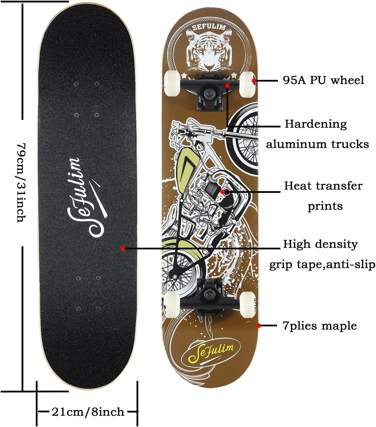 Complete Skateboard With Double Kick Deck 7 Layer Maple