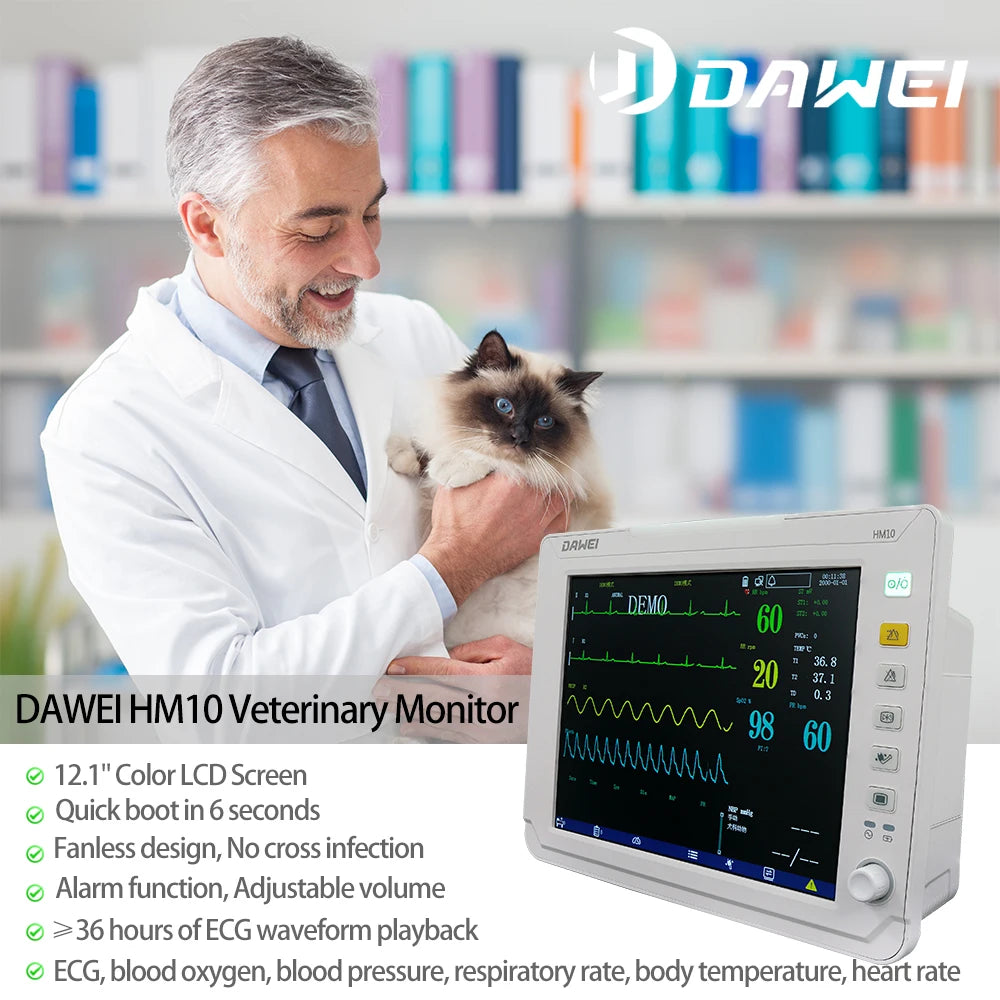 DAWEI Portable Veterinary Monitor 6 Parameter ECG Blood Oxygen BP