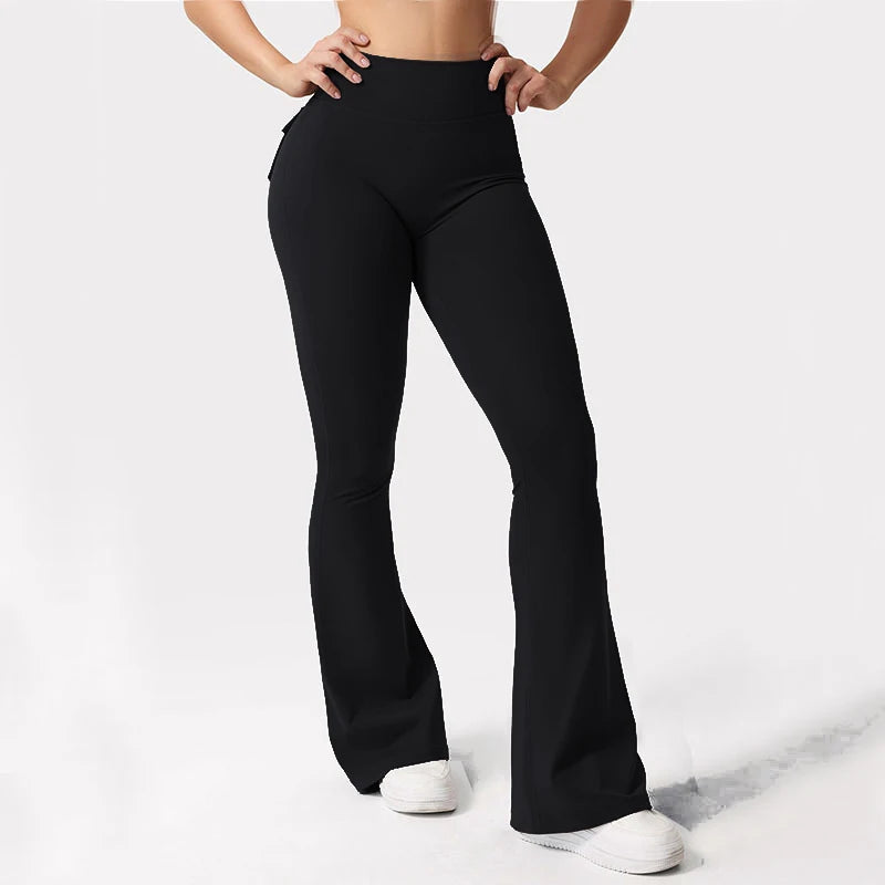 Women's Yoga Flare Trousers With Pockets High-Waisted Wide-Leg
