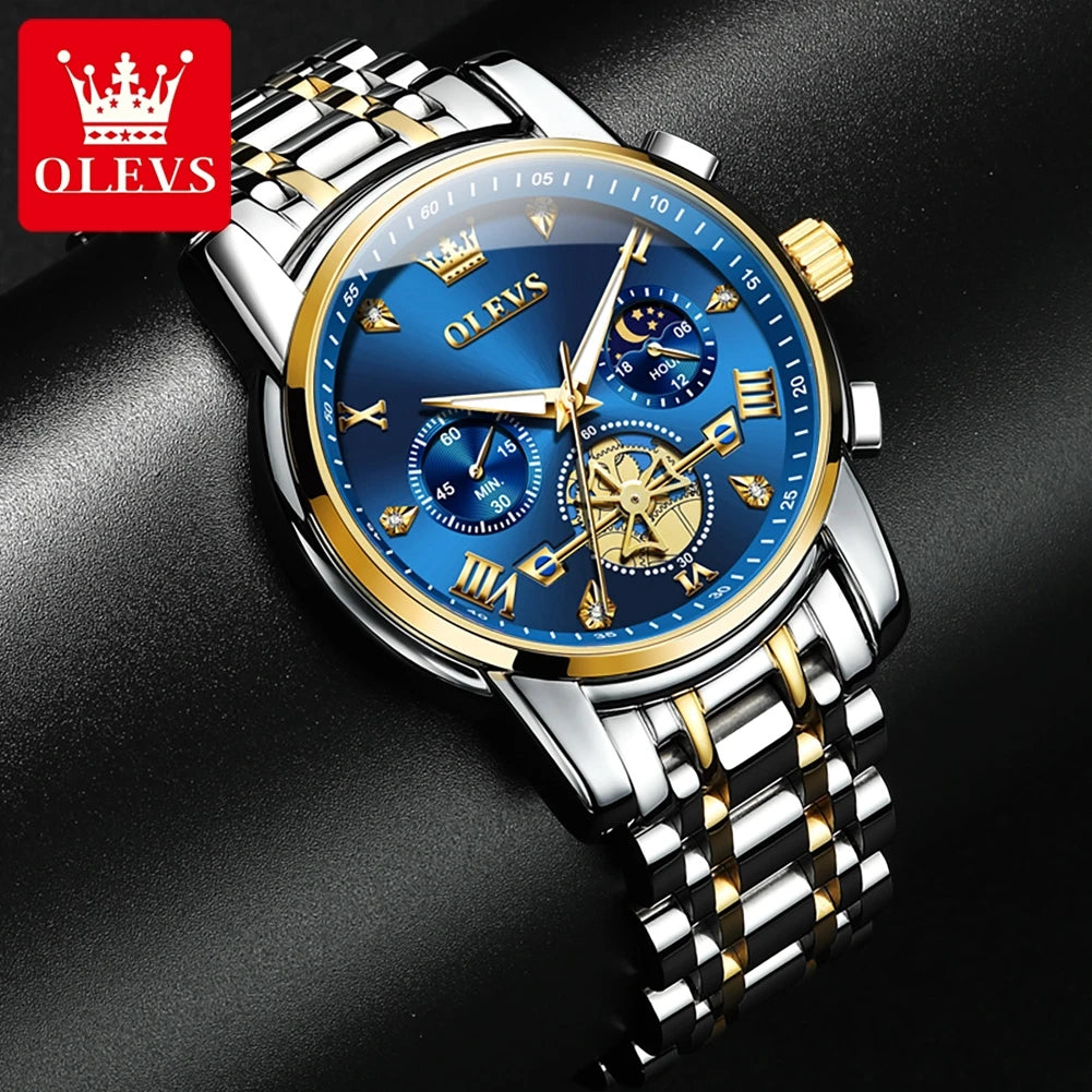 OLEVS Men's Flywheel Skeleton Chronograph Moon Phase Watch