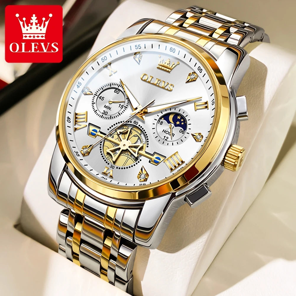 OLEVS Men's Flywheel Skeleton Chronograph Moon Phase Watch