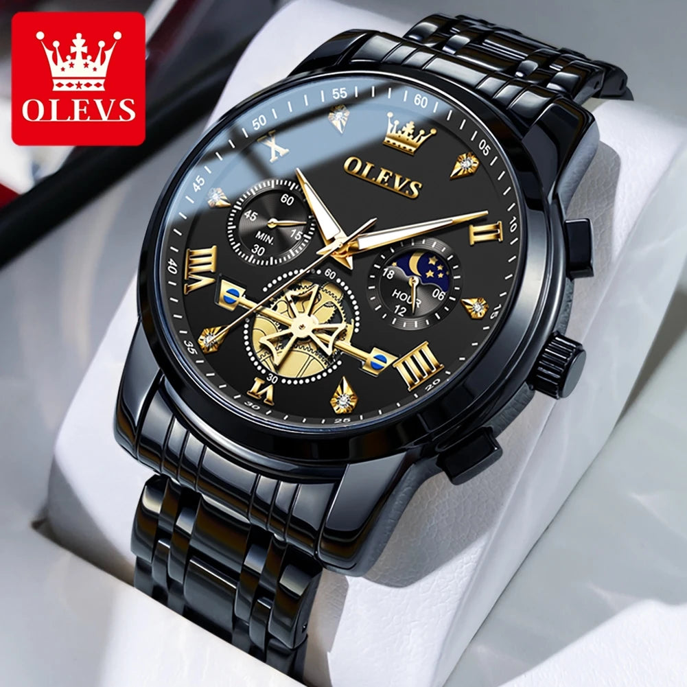 OLEVS Men's Flywheel Skeleton Chronograph Moon Phase Watch