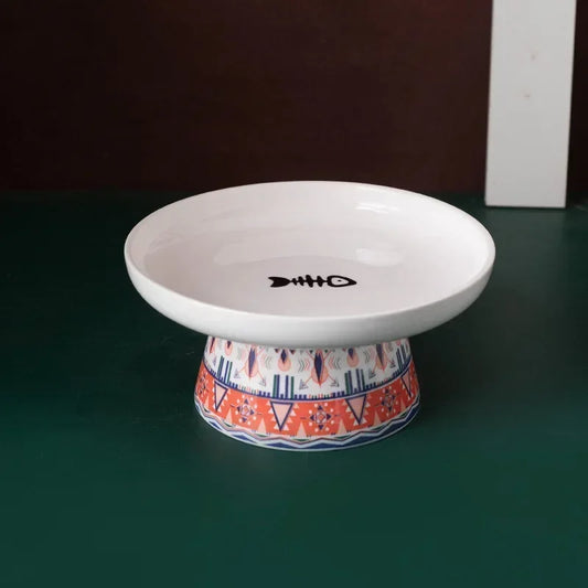 Ceramic Raised Bohemian Pet Bowl For Small Dogs And Cats