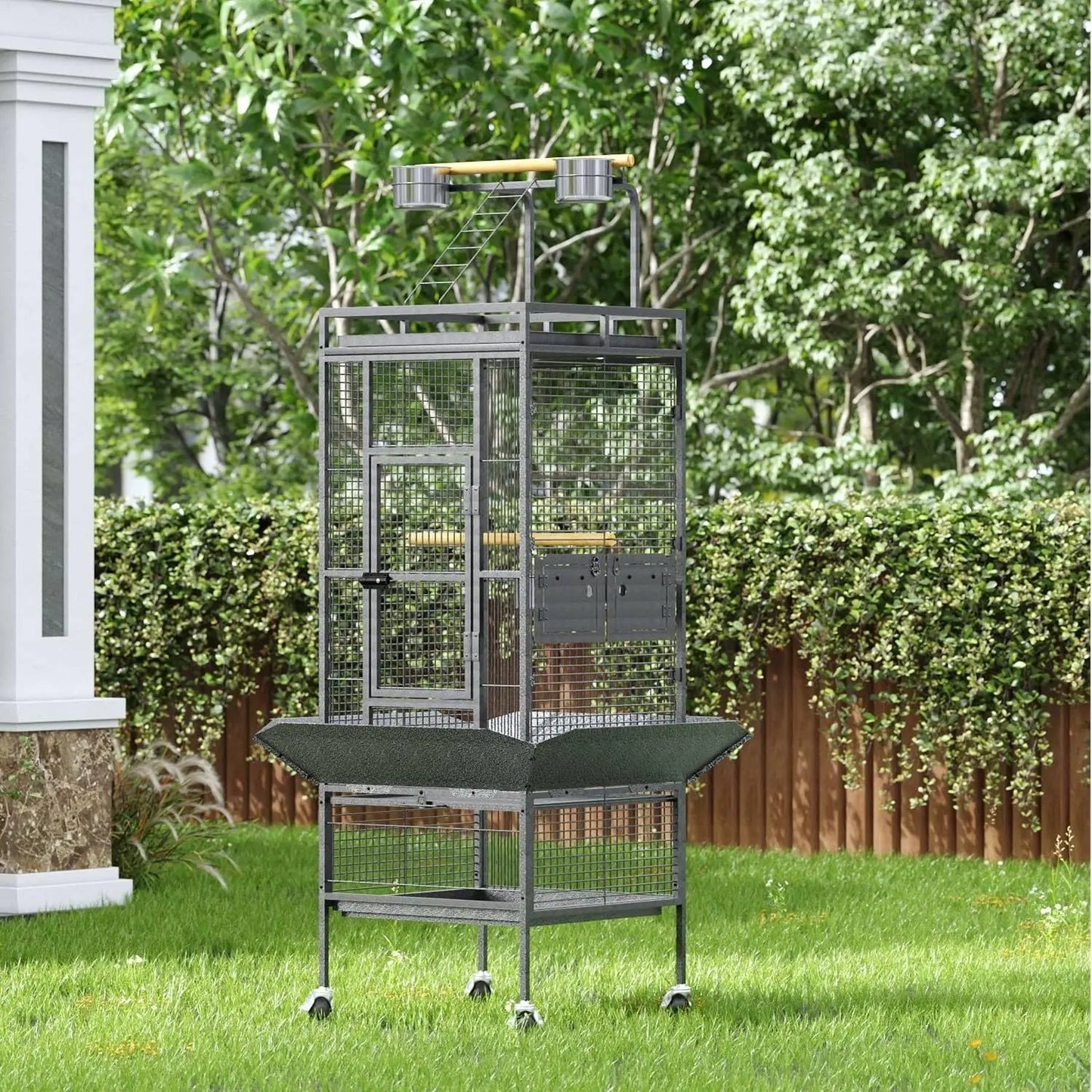 HiMISSCN Wrought Iron Parrot Bird Cage With Rooftop Playground Casters