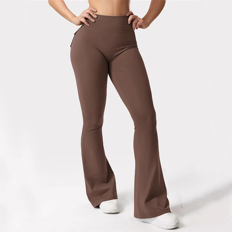 Women's Yoga Flare Trousers With Pockets High-Waisted Wide-Leg