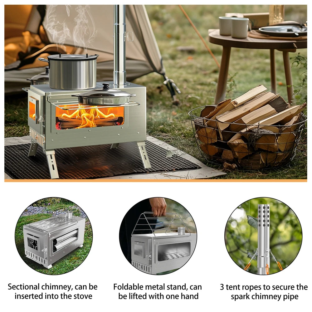 Stainless Steel Portable Camping Wood Burning Stove With Chimney Pipes