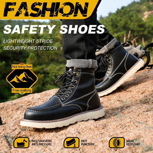 Men's Two-Layer Cowhide High-Top Anti-Puncture Anti-Smash Safety Shoes