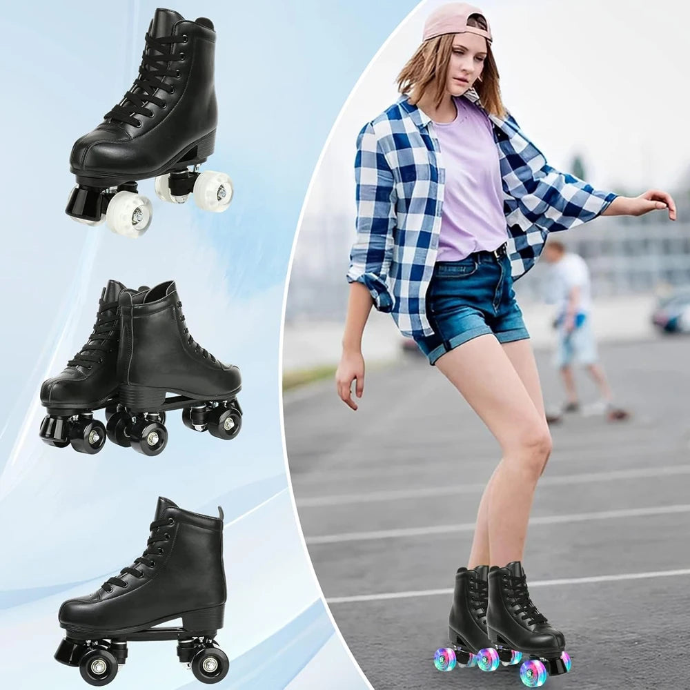 YYW PU Leather Roller Skates For Women With Flash Wheels