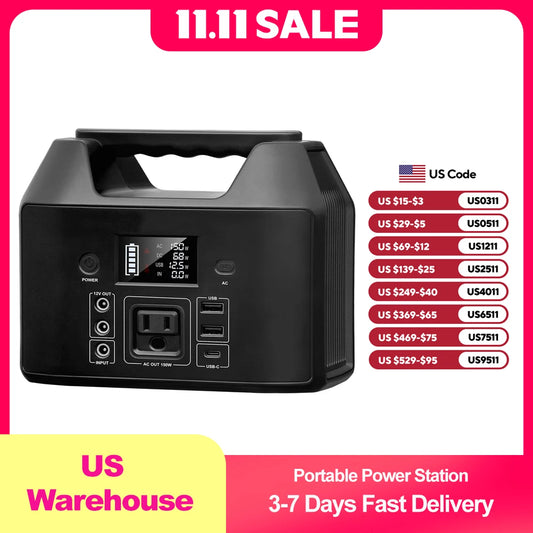 150W Portable Power Station 122.8Wh LiFePO4 Battery Solar Generator Power Bank with AC 110V & LED Flashlight for Camping/Home/RV