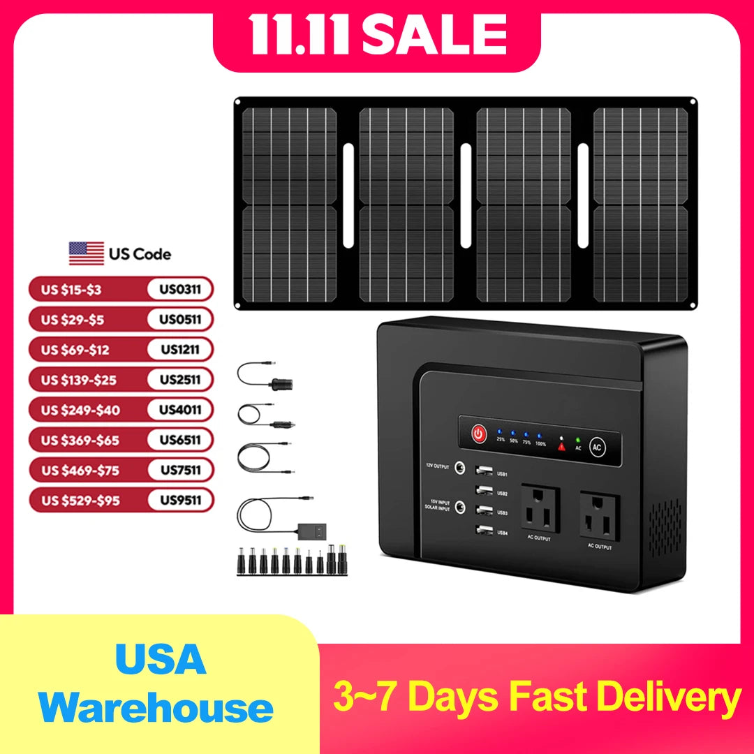 200W Portable Power Station with Solar Panel,146Wh Power Bank with 40W Foldable Solar Panel for Outdoor Camping RV Home Backup