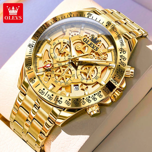 OLEVS Luxury Skeleton Chronograph Stainless Steel Mens Watch