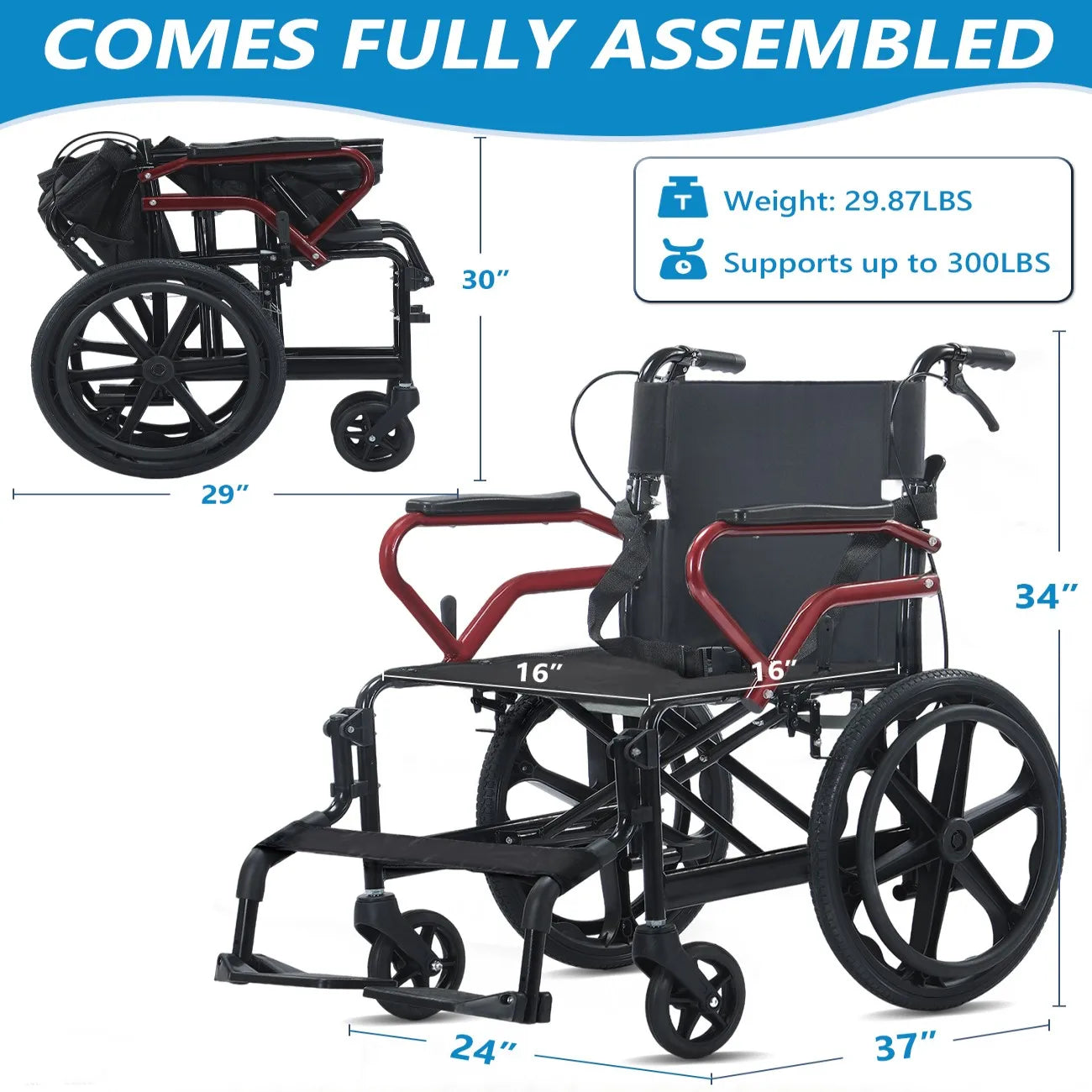 BROOBEY Lightweight Travel Wheelchair Foldable For Easy Car Storage