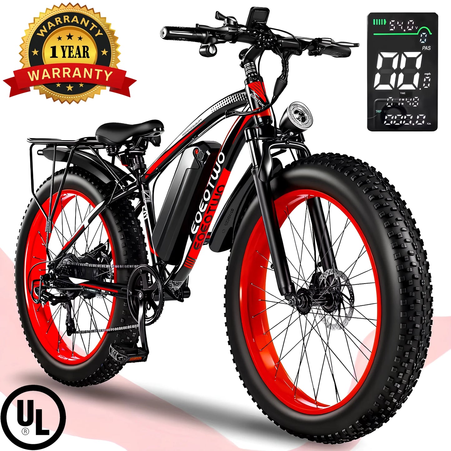 EOEOTWO E01 Electric Fat Tire Bike 34 MPH 1500W Peak Motor
