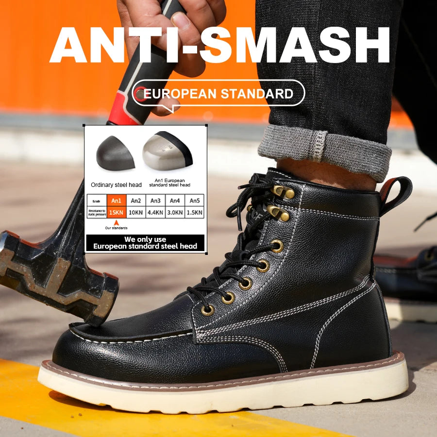 Men's Two-Layer Cowhide High-Top Anti-Puncture Anti-Smash Safety Shoes