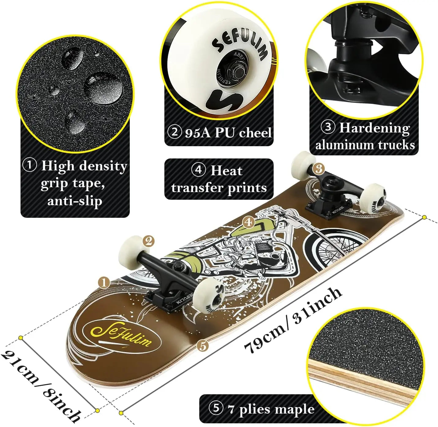 Complete Skateboard With Double Kick Deck 7 Layer Maple
