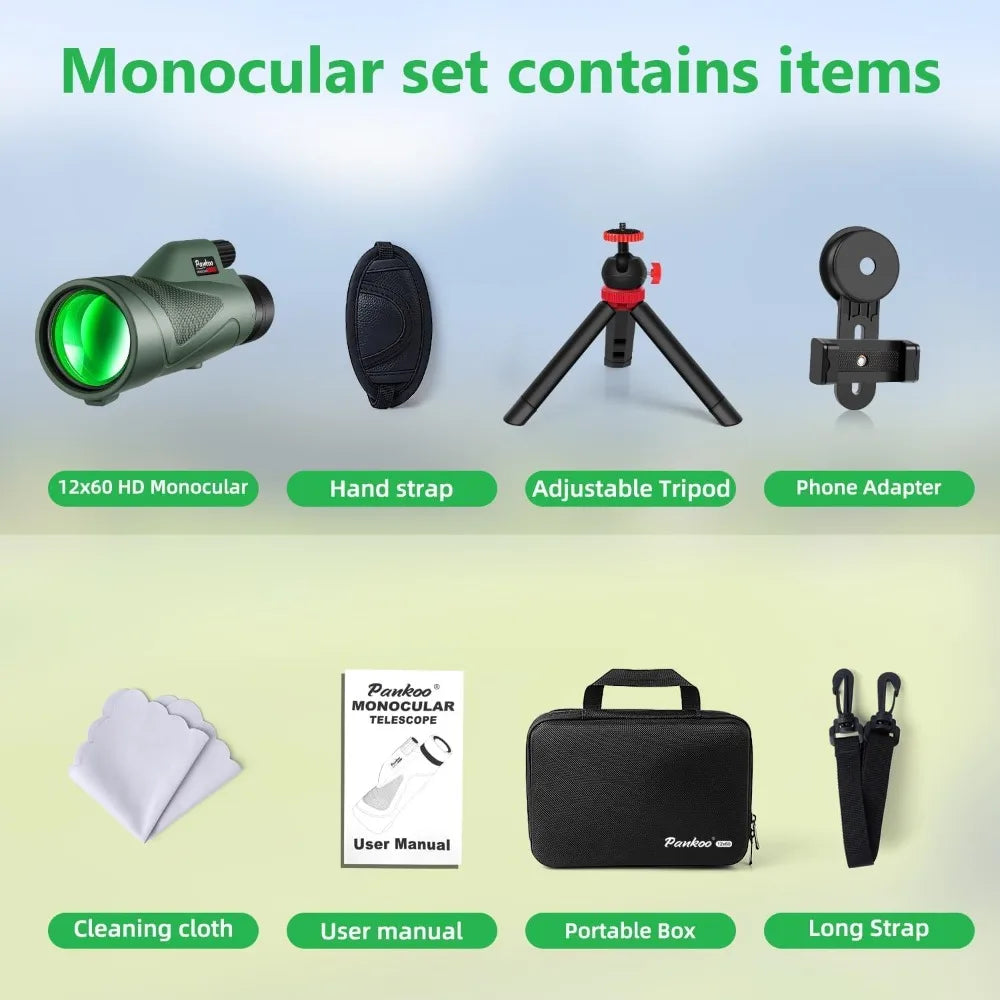 Pankoo 12x60 HD Monocular Telescope With Smartphone Adapter Tripod
