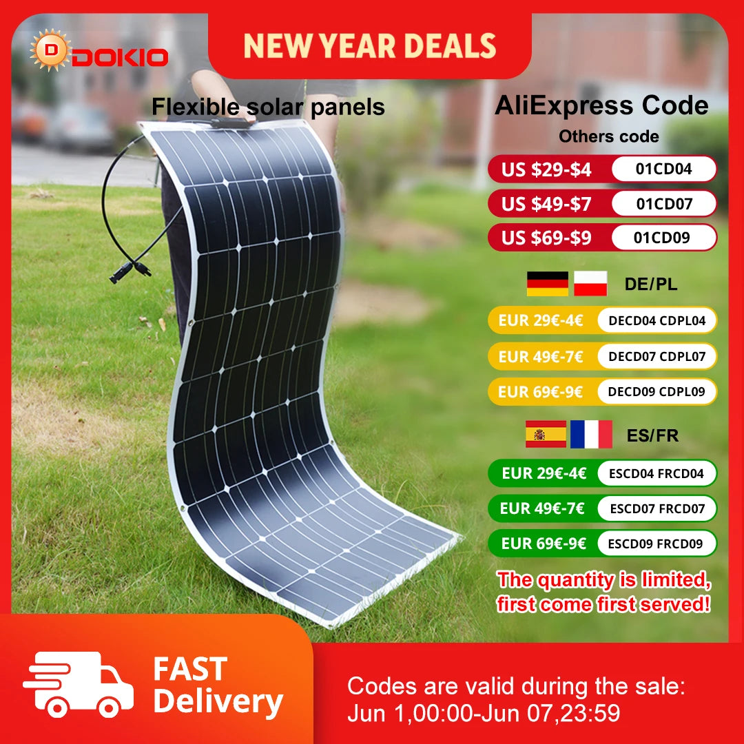 DOKIO 100W Flexible Monocrystalline Solar Panel for Camping RV