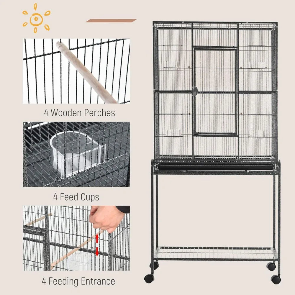 NONECN Rolling Metal Bird Cage Feeder Detachable Stand And Shelf