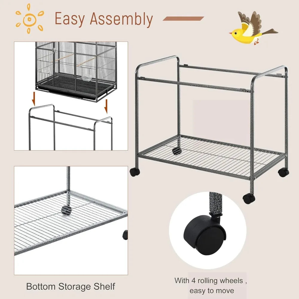 NONECN Rolling Metal Bird Cage Feeder Detachable Stand And Shelf