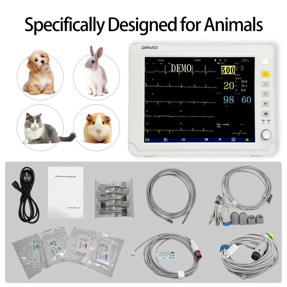DAWEI Portable Veterinary Monitor 6 Parameter ECG Blood Oxygen BP