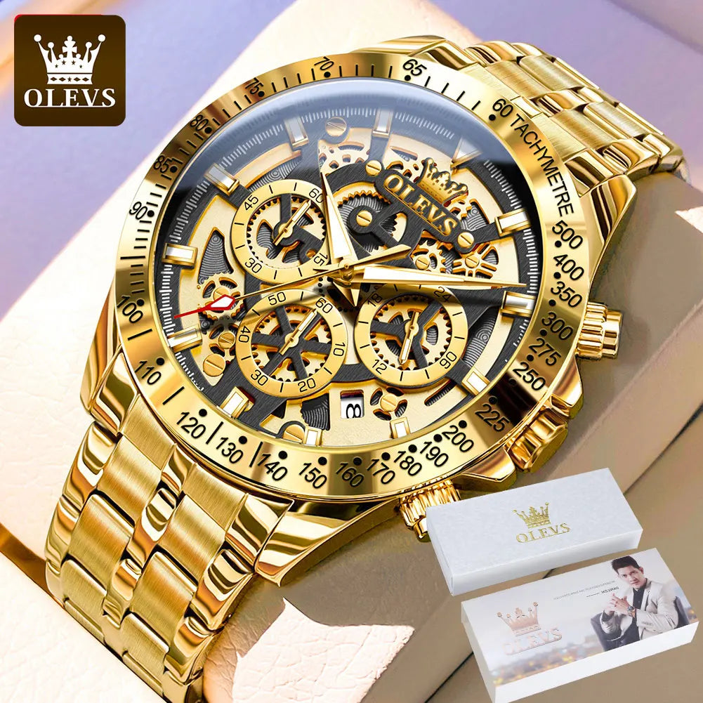 OLEVS Luxury Skeleton Chronograph Stainless Steel Mens Watch