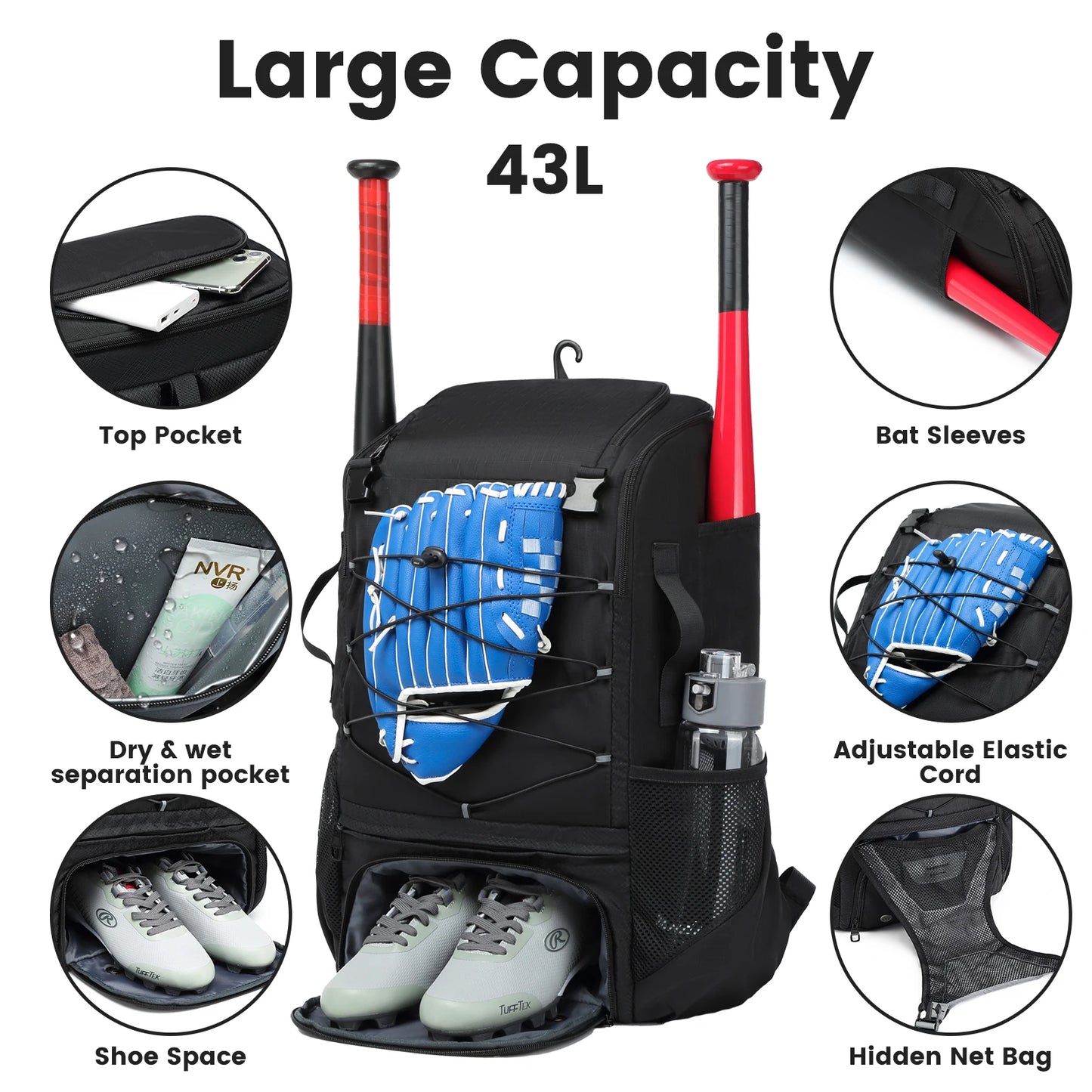 YH GSCN Baseball Backpack With Shoe Compartment Large Capacity