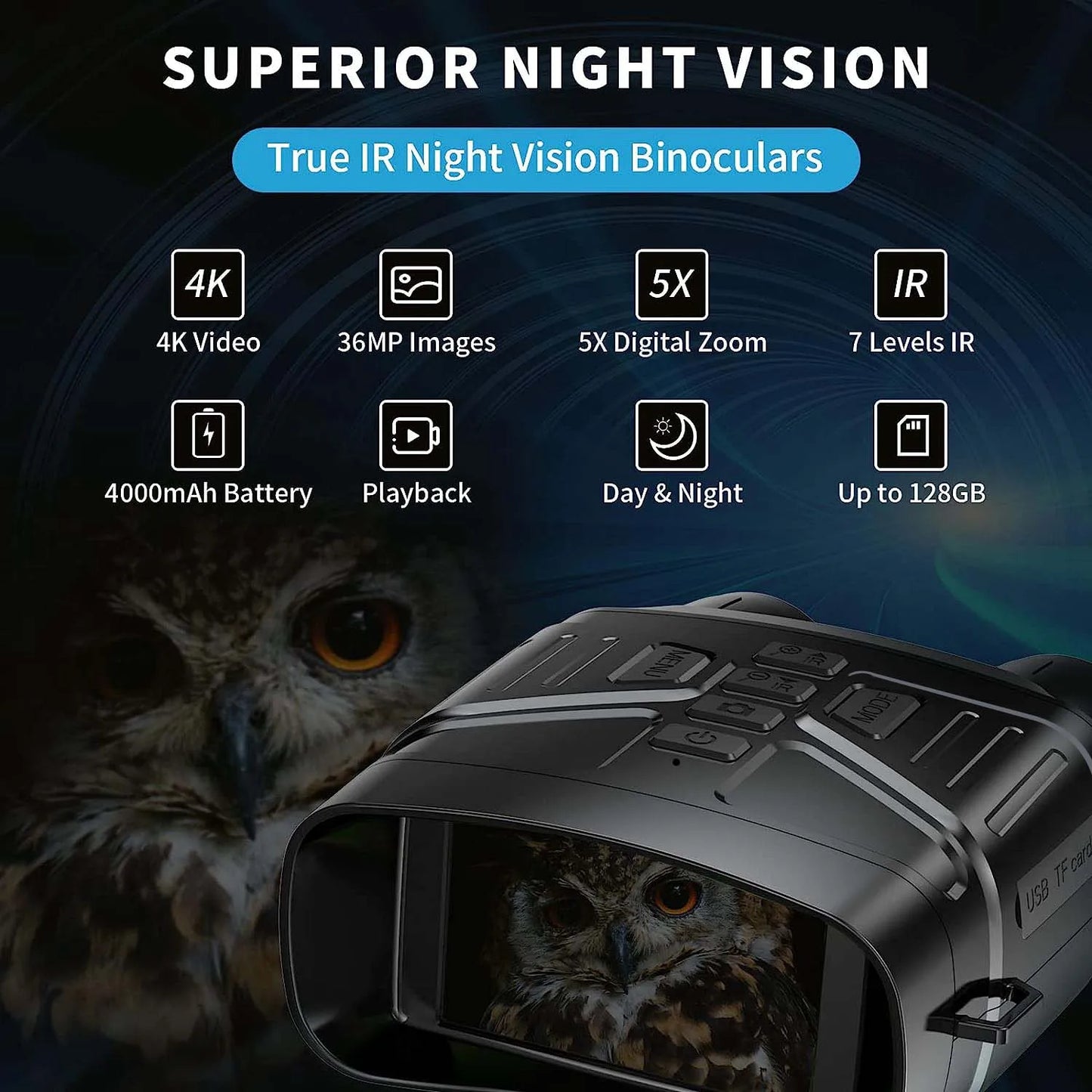 HrvzdvwEyepiece 4K Night Vision Binoculars With Rechargeable Battery 32GB