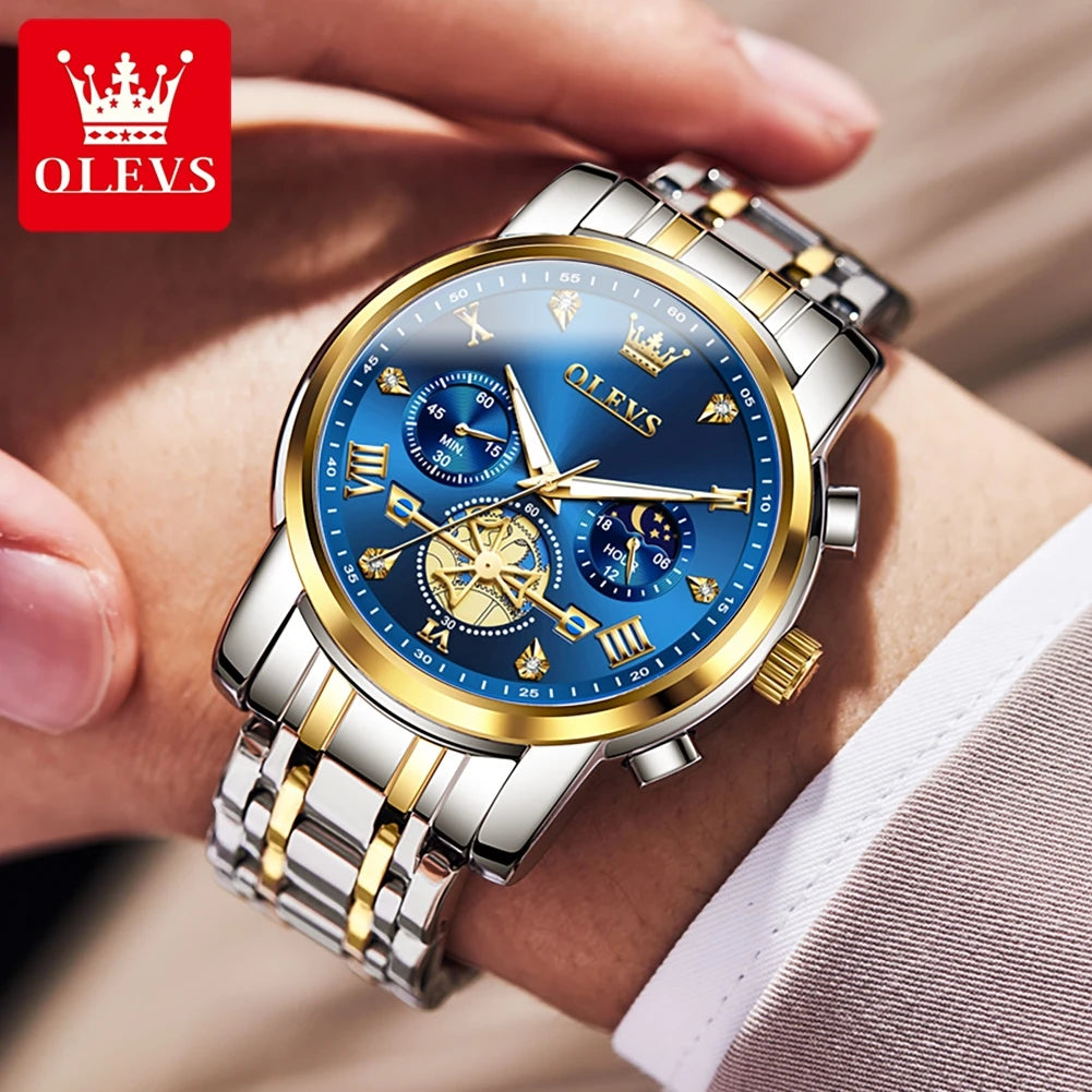 OLEVS Men's Flywheel Skeleton Chronograph Moon Phase Watch