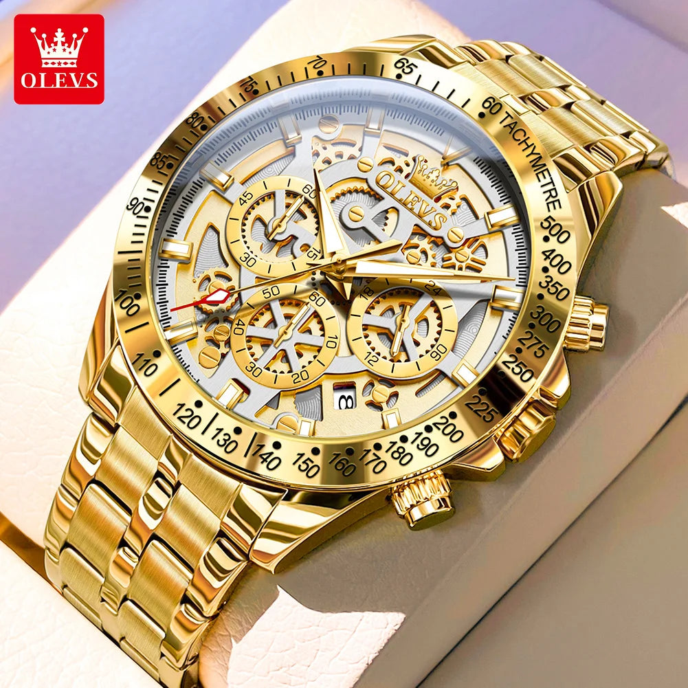 OLEVS Luxury Skeleton Chronograph Stainless Steel Mens Watch