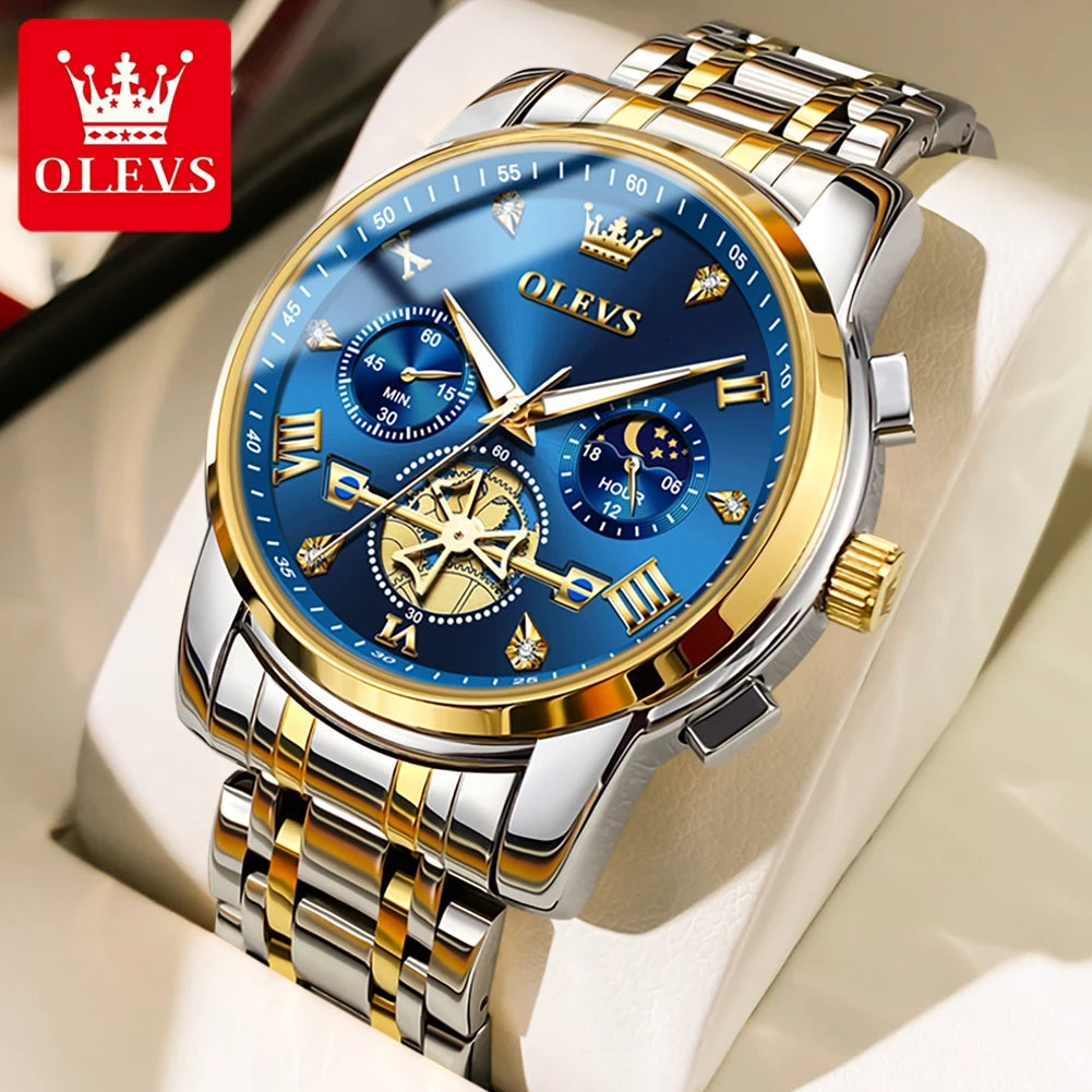 OLEVS Men's Flywheel Skeleton Chronograph Moon Phase Watch