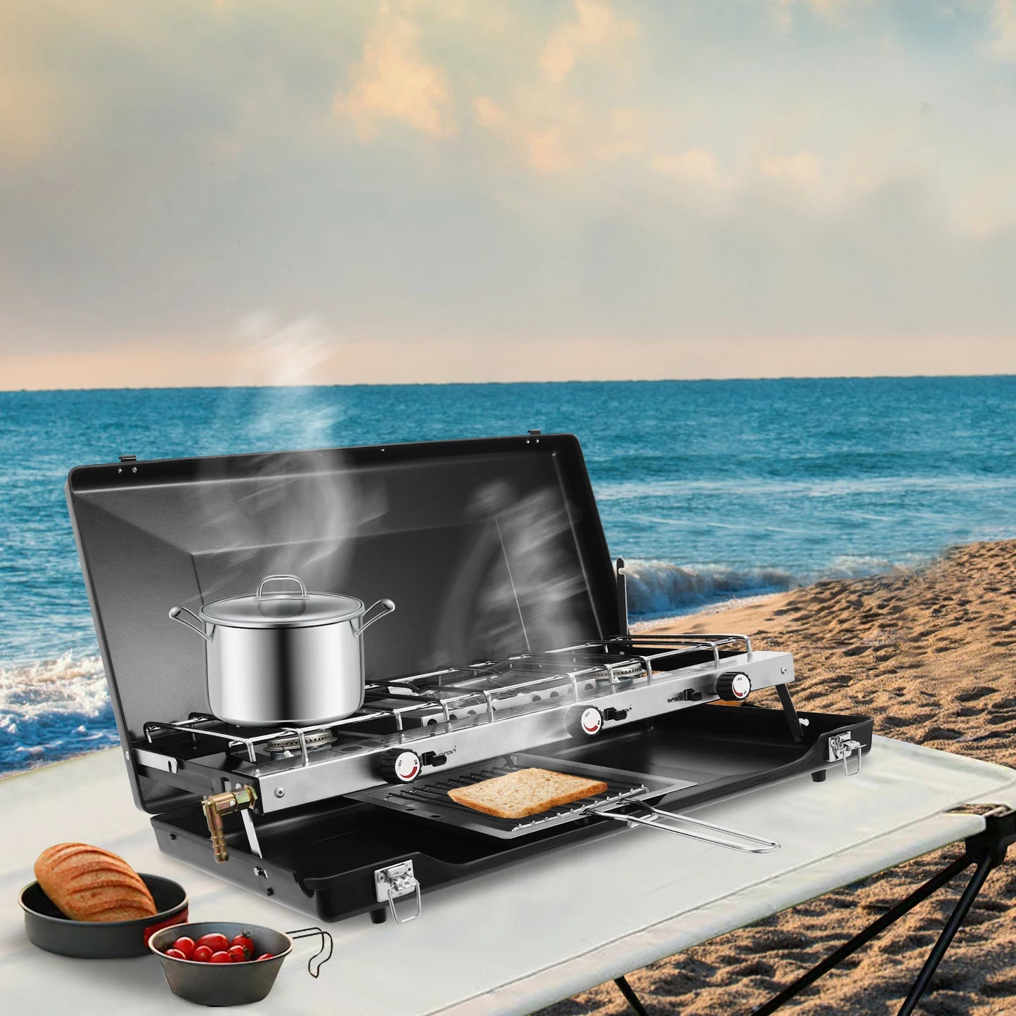 Portable Propane Camping Stove With Griddle And Windshield 3 Burners