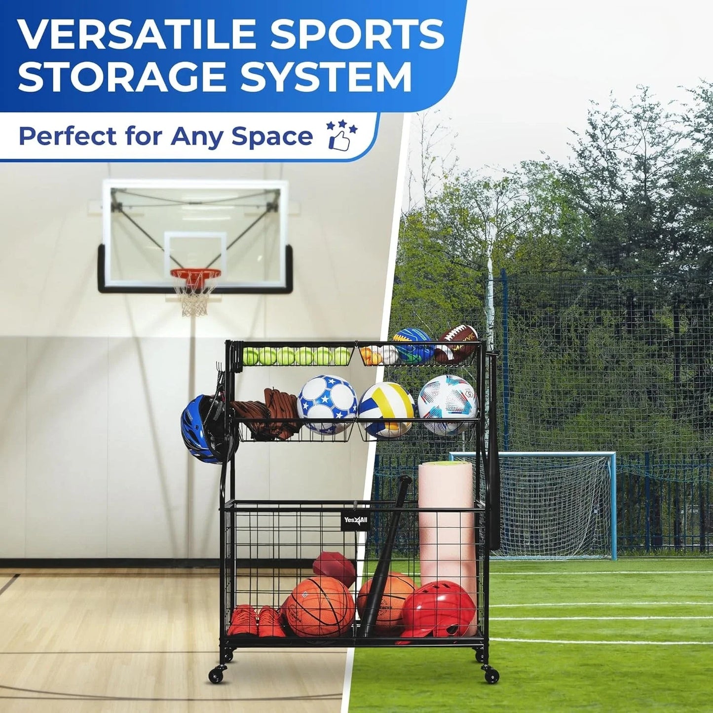 Sports Equipment Garage Organizer Ball Storage Cart Steel